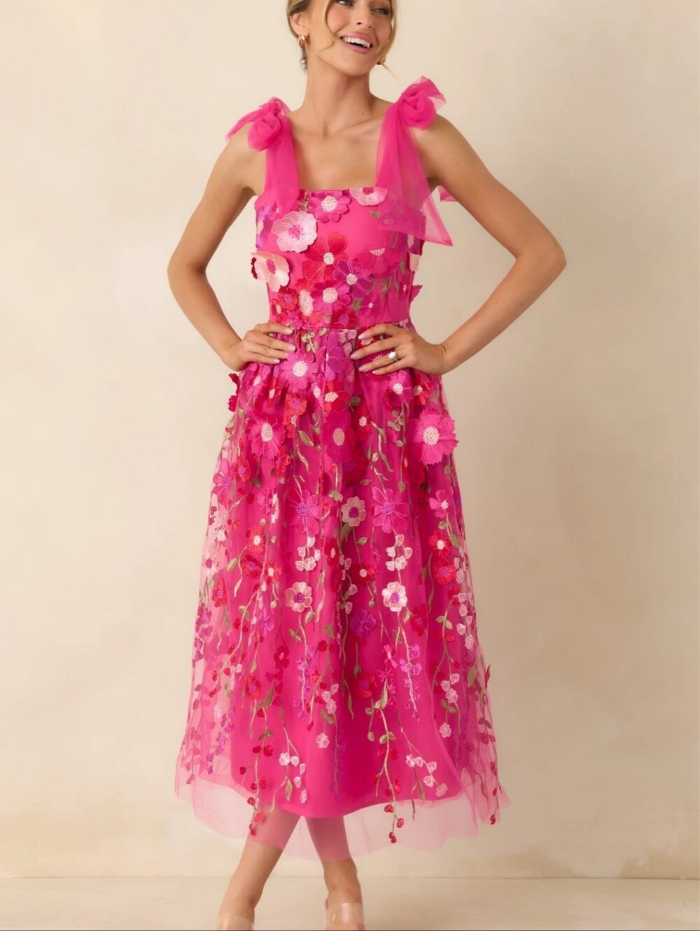 Fuchsia Pink Floral applique Embroidered Midi Dress Whimsical Fairycore Large